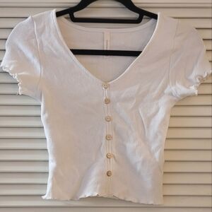 Chocolate- White Ripped Short-Sleeve Crop Top With Faux Buttons
